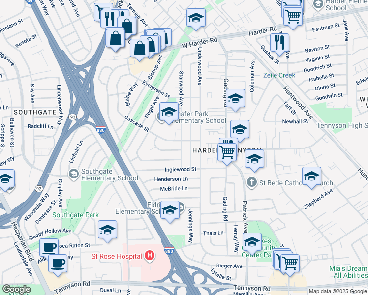map of restaurants, bars, coffee shops, grocery stores, and more near 26462 Stanwood Avenue in Hayward