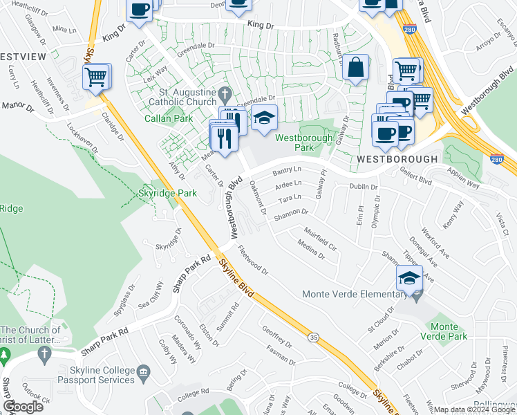 map of restaurants, bars, coffee shops, grocery stores, and more near 3301 Oakmont Drive in South San Francisco