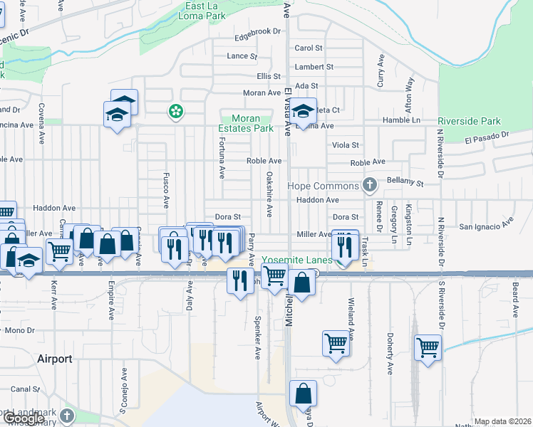 map of restaurants, bars, coffee shops, grocery stores, and more near 225 Oakshire Avenue in Modesto