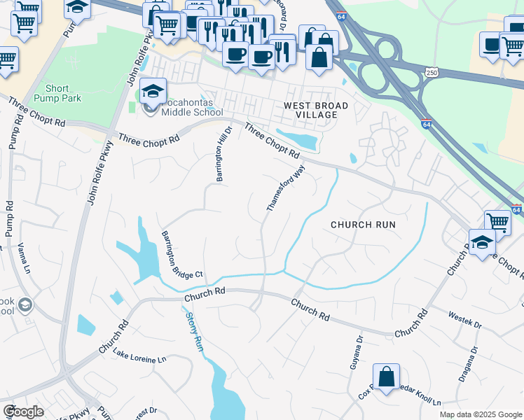 map of restaurants, bars, coffee shops, grocery stores, and more near 3824 Thamesford Way in Richmond