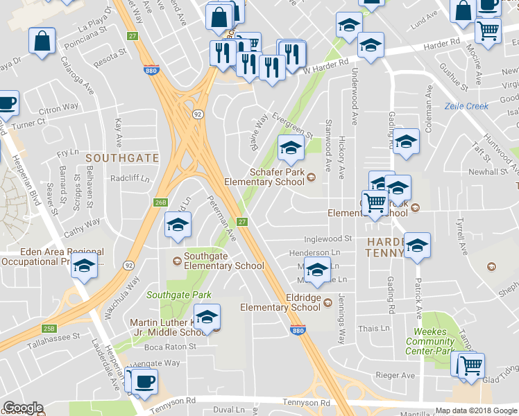 map of restaurants, bars, coffee shops, grocery stores, and more near 26358 Regal Ave in Hayward