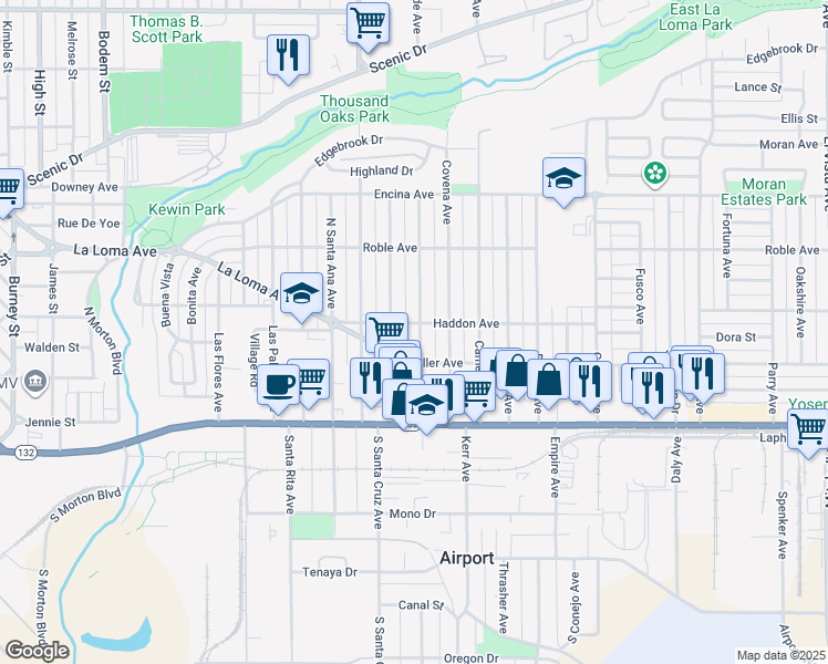 map of restaurants, bars, coffee shops, grocery stores, and more near 215 Rowland Avenue in Modesto