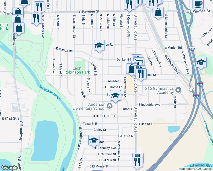 map of restaurants, bars, coffee shops, grocery stores, and more near 1314 Salome in Wichita
