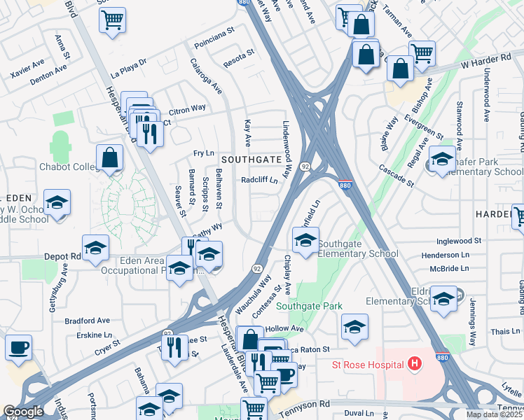 map of restaurants, bars, coffee shops, grocery stores, and more near 1280 Stanhope Lane in Hayward
