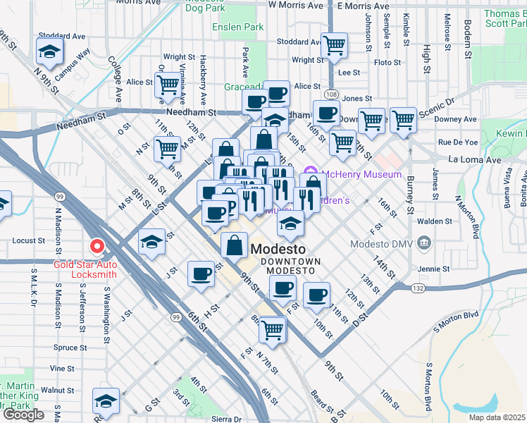 map of restaurants, bars, coffee shops, grocery stores, and more near 1125 I Street in Modesto