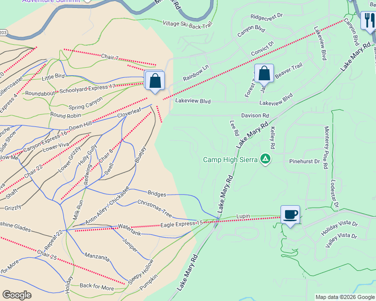 map of restaurants, bars, coffee shops, grocery stores, and more near 671 John Muir Road in Mammoth Lakes