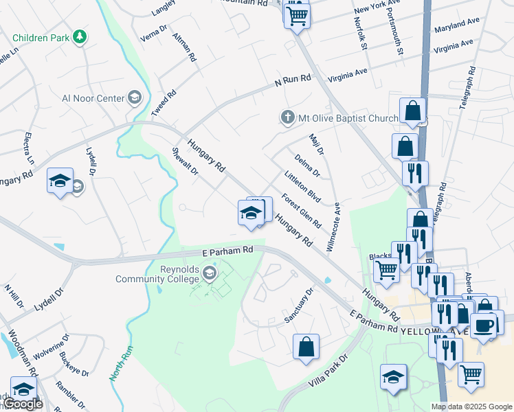 map of restaurants, bars, coffee shops, grocery stores, and more near 1637 Hungary Rd in Richmond