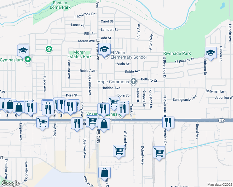 map of restaurants, bars, coffee shops, grocery stores, and more near 230 Colfax Avenue in Modesto