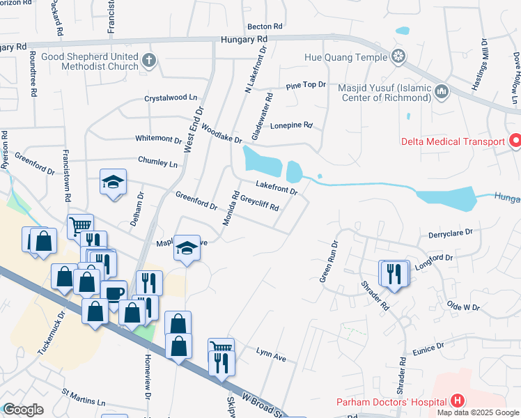 map of restaurants, bars, coffee shops, grocery stores, and more near 8709 Greycliff Road in Henrico