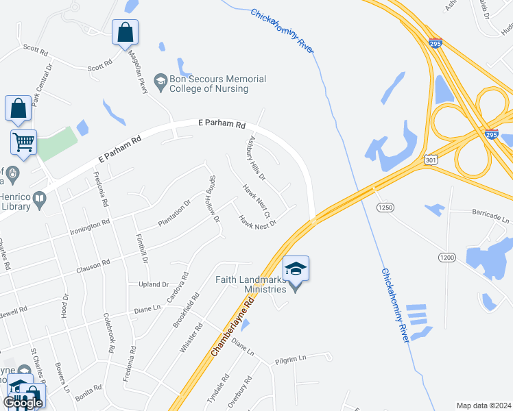 map of restaurants, bars, coffee shops, grocery stores, and more near 121 Hawk Nest Court in Richmond