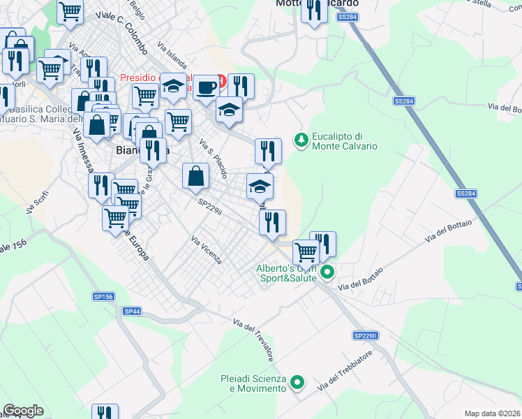 map of restaurants, bars, coffee shops, grocery stores, and more near 1 Via Gian Battista Vico in Biancavilla