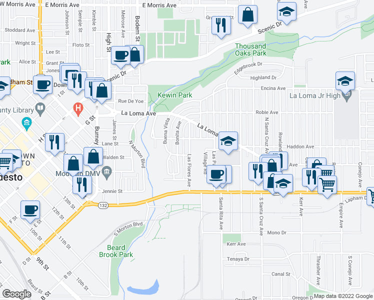 map of restaurants, bars, coffee shops, grocery stores, and more near 205 Las Flores Avenue in Modesto