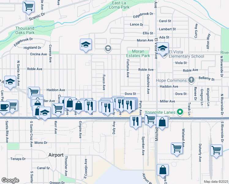 map of restaurants, bars, coffee shops, grocery stores, and more near 230 San Juan Drive in Modesto