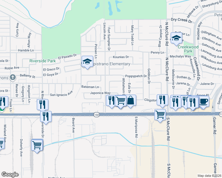 map of restaurants, bars, coffee shops, grocery stores, and more near 3012 Redbud Court in Modesto