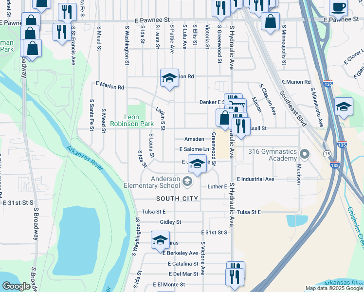 map of restaurants, bars, coffee shops, grocery stores, and more near 1314 Salome St in Wichita