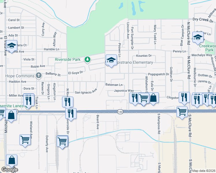 map of restaurants, bars, coffee shops, grocery stores, and more near 2804 Bateman Lane in Modesto