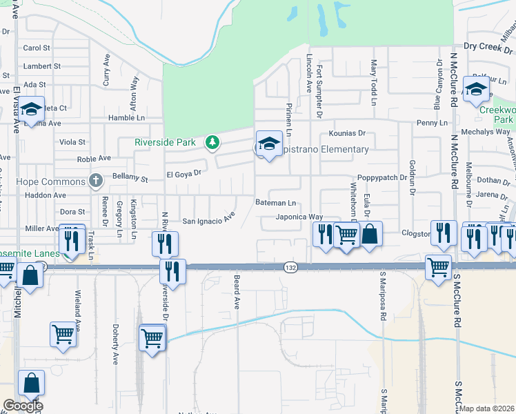 map of restaurants, bars, coffee shops, grocery stores, and more near 2804 Bateman Lane in Modesto