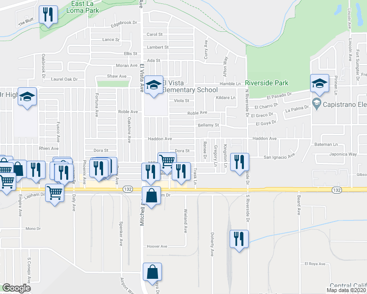 map of restaurants, bars, coffee shops, grocery stores, and more near 2317 Dora Street in Modesto