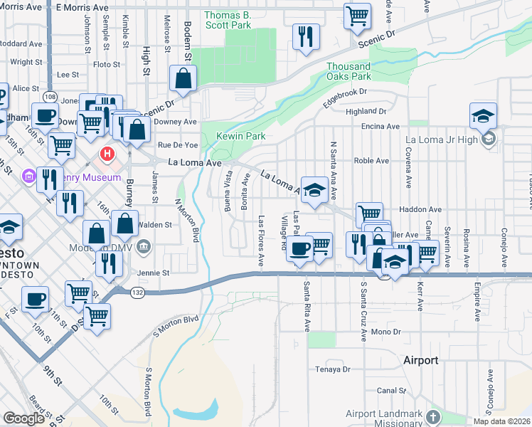 map of restaurants, bars, coffee shops, grocery stores, and more near 205 Las Flores Avenue in Modesto