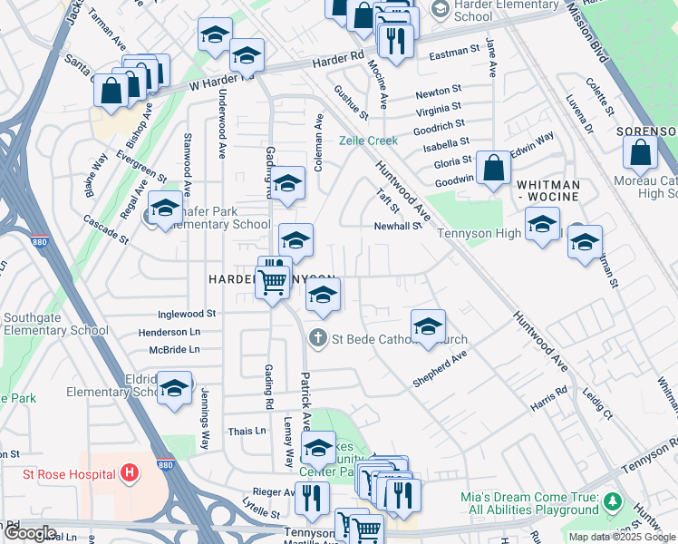 map of restaurants, bars, coffee shops, grocery stores, and more near 713 Schafer Road in Hayward
