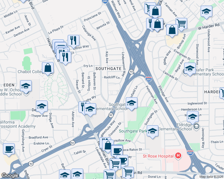 map of restaurants, bars, coffee shops, grocery stores, and more near 1256 Stanhope Lane in Hayward