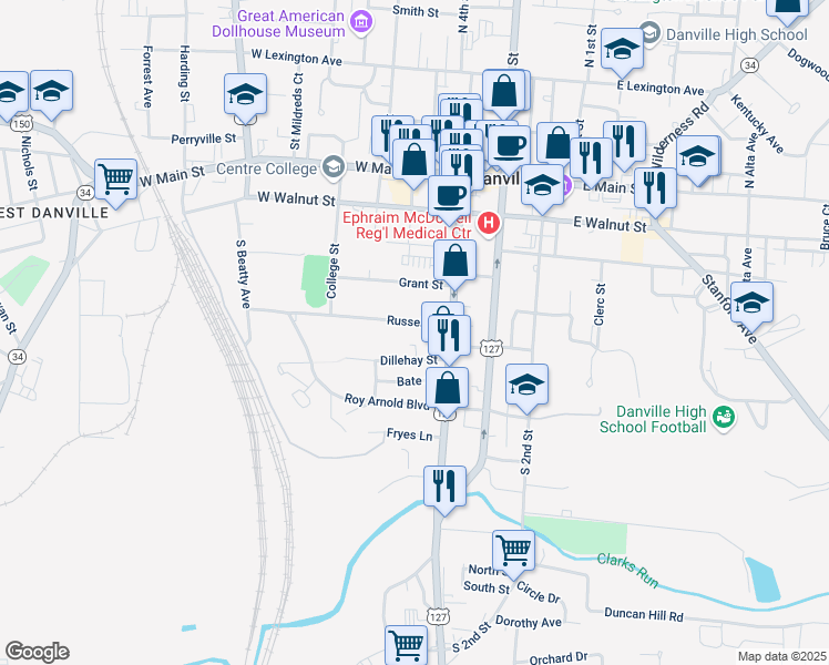 map of restaurants, bars, coffee shops, grocery stores, and more near 400-698 Russell St in Danville