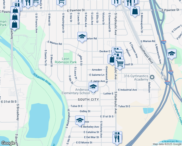 map of restaurants, bars, coffee shops, grocery stores, and more near 1314 Salome St in Wichita
