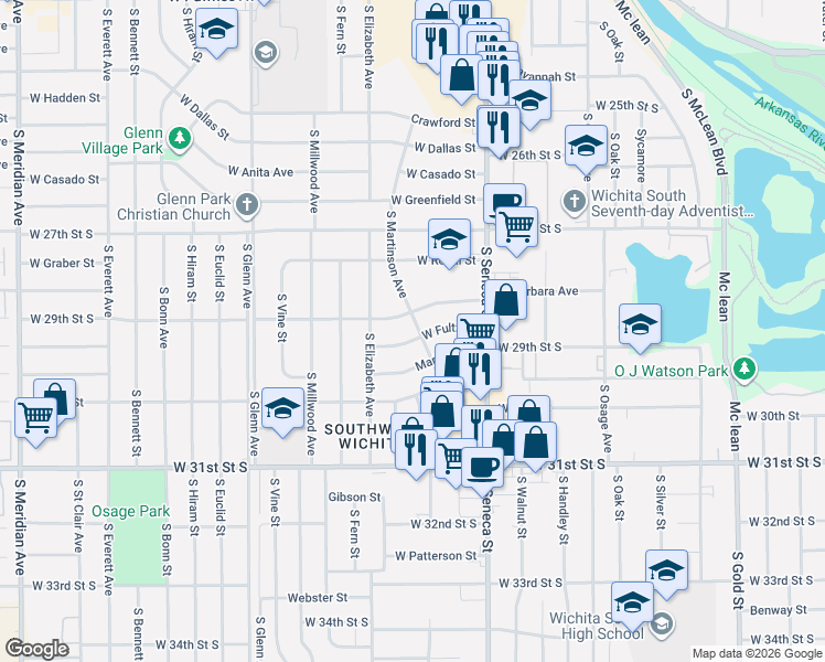 map of restaurants, bars, coffee shops, grocery stores, and more near 1314 Fultz St in Wichita