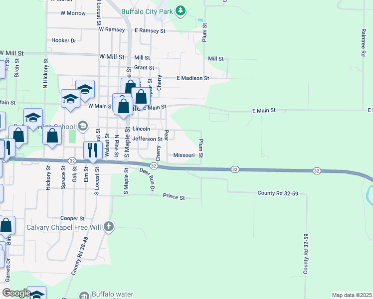 map of restaurants, bars, coffee shops, grocery stores, and more near 621 Missouri Street in Buffalo