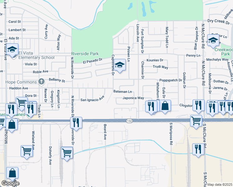 map of restaurants, bars, coffee shops, grocery stores, and more near 2804 Bateman Lane in Modesto