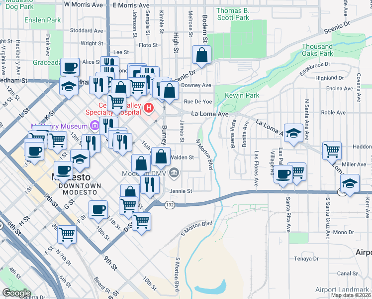 map of restaurants, bars, coffee shops, grocery stores, and more near 214 James Street in Modesto
