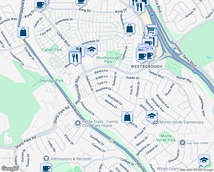 map of restaurants, bars, coffee shops, grocery stores, and more near 2267 Shannon Drive in South San Francisco