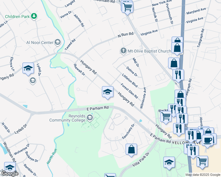 map of restaurants, bars, coffee shops, grocery stores, and more near 1637 Hungary Road in Richmond