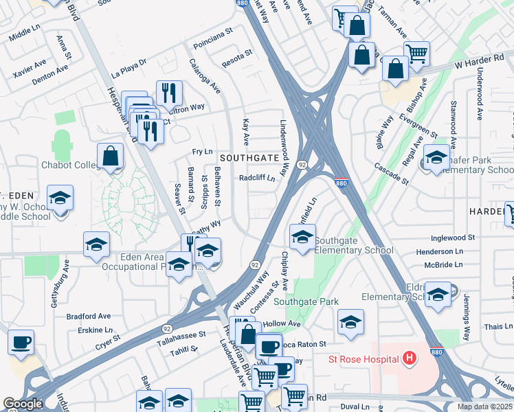 map of restaurants, bars, coffee shops, grocery stores, and more near 25850 Kay Avenue in Hayward