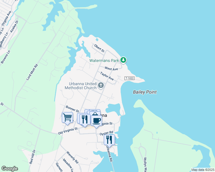 map of restaurants, bars, coffee shops, grocery stores, and more near 353 Cross Street in Urbanna