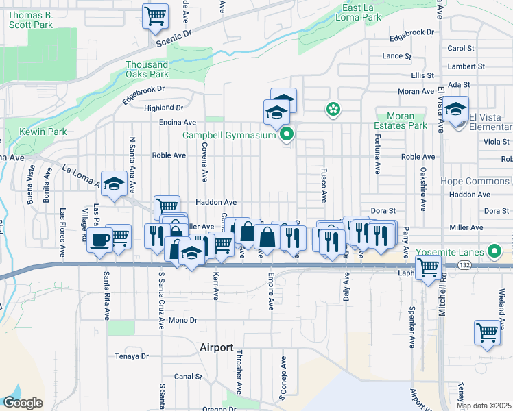 map of restaurants, bars, coffee shops, grocery stores, and more near 225 Rosina Avenue in Modesto