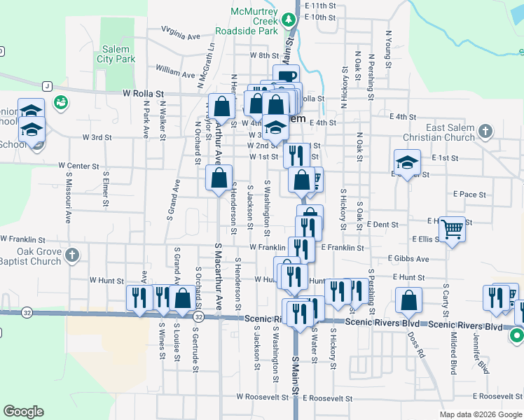 map of restaurants, bars, coffee shops, grocery stores, and more near 303 South Washington Street in Salem