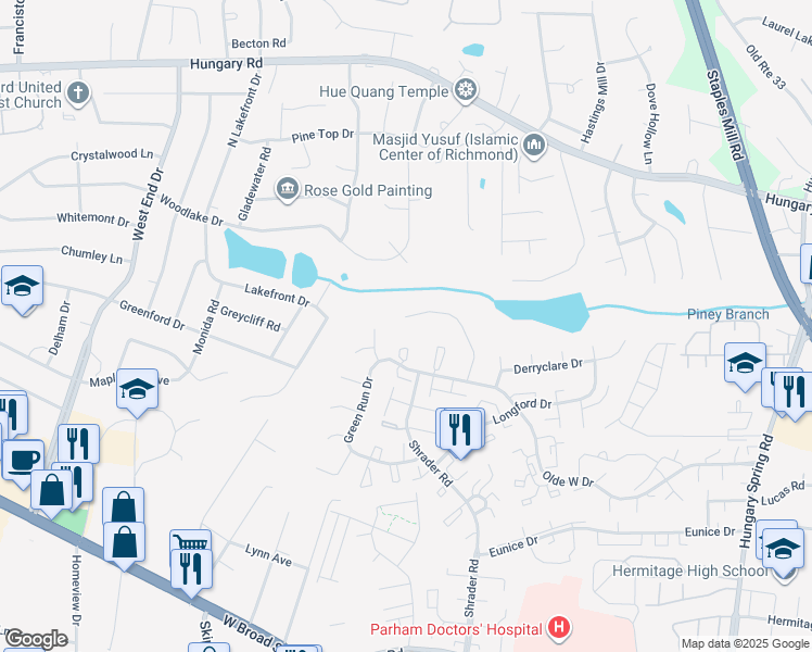 map of restaurants, bars, coffee shops, grocery stores, and more near 4944 Tanfield Drive in Richmond