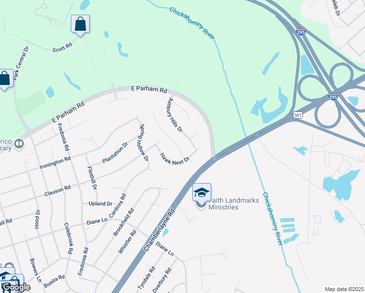 map of restaurants, bars, coffee shops, grocery stores, and more near 116 Hawk Nest Court in Richmond