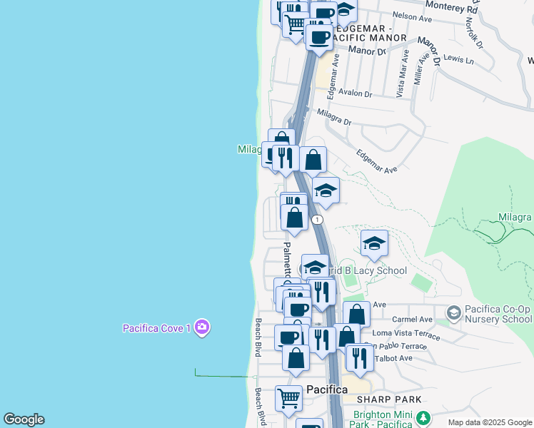 map of restaurants, bars, coffee shops, grocery stores, and more near 1300 Palmetto Avenue in Pacifica
