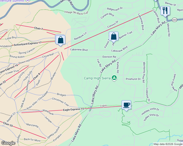 map of restaurants, bars, coffee shops, grocery stores, and more near 43 Bridges Lane in Mammoth Lakes