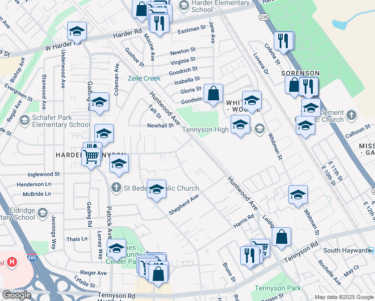 map of restaurants, bars, coffee shops, grocery stores, and more near 250 Schafer Road in Hayward