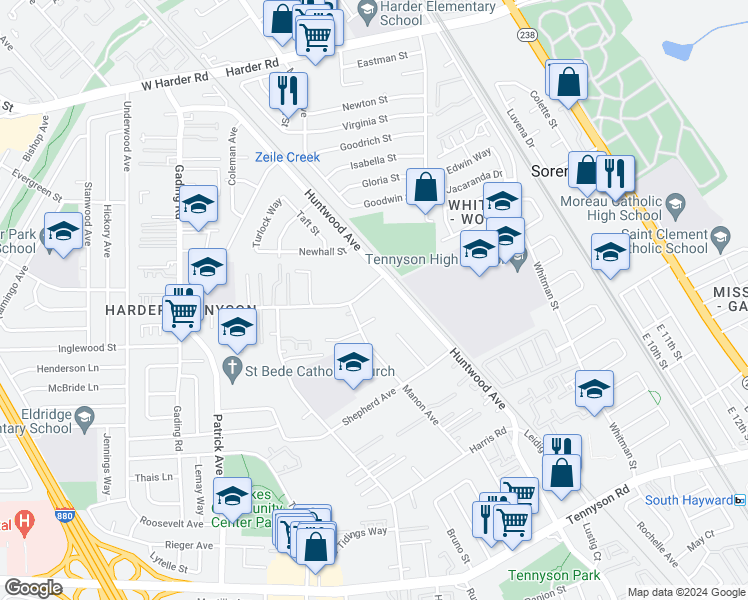 map of restaurants, bars, coffee shops, grocery stores, and more near 250 Schafer Road in Hayward