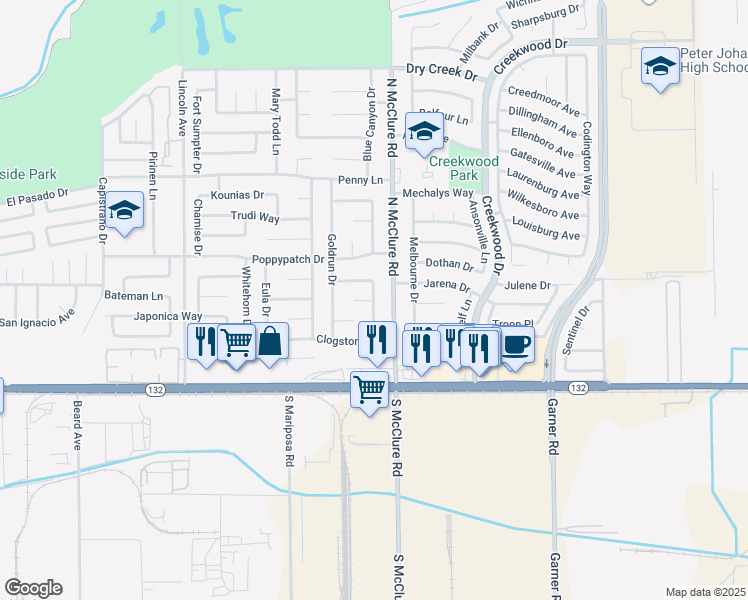 map of restaurants, bars, coffee shops, grocery stores, and more near Yuba Ridge Lane & Grass Valley Court in Modesto