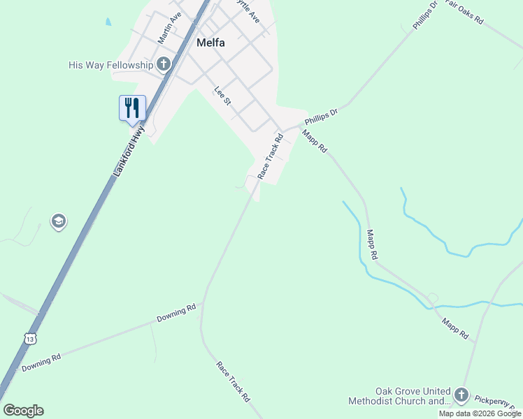map of restaurants, bars, coffee shops, grocery stores, and more near 29293 Race Track Road in Melfa