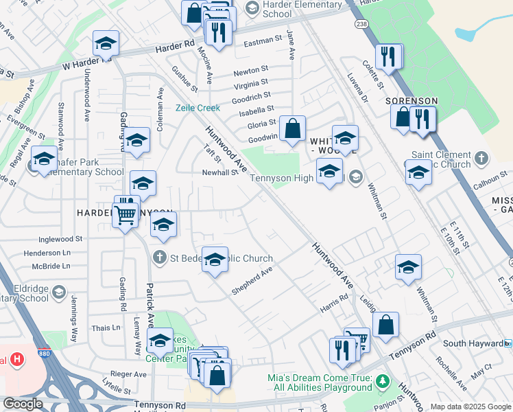 map of restaurants, bars, coffee shops, grocery stores, and more near 250 Schafer Road in Hayward