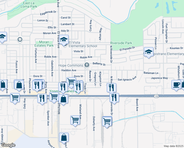 map of restaurants, bars, coffee shops, grocery stores, and more near 224 Renee Drive in Modesto