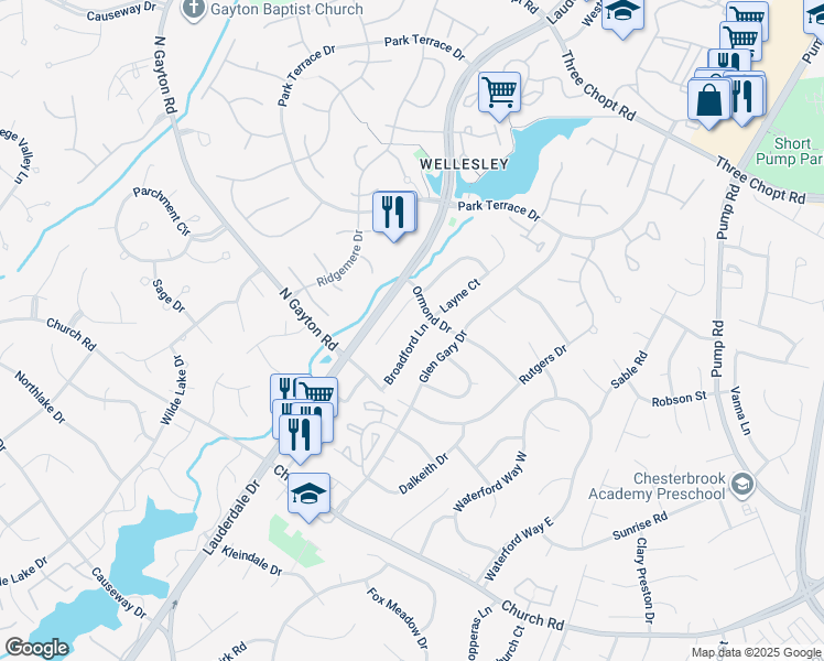 map of restaurants, bars, coffee shops, grocery stores, and more near 2844 Broadford Lane in Henrico