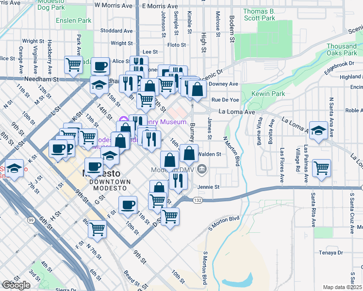 map of restaurants, bars, coffee shops, grocery stores, and more near 602 16th Street in Modesto