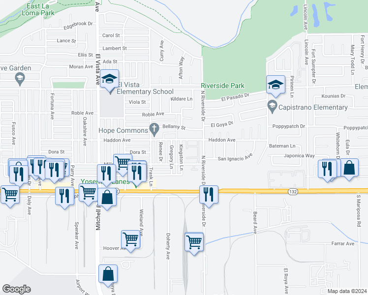 map of restaurants, bars, coffee shops, grocery stores, and more near 216 Kingston Lane in Modesto